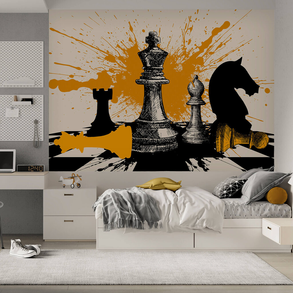 Zwart-witte schaakstukken in een interieur