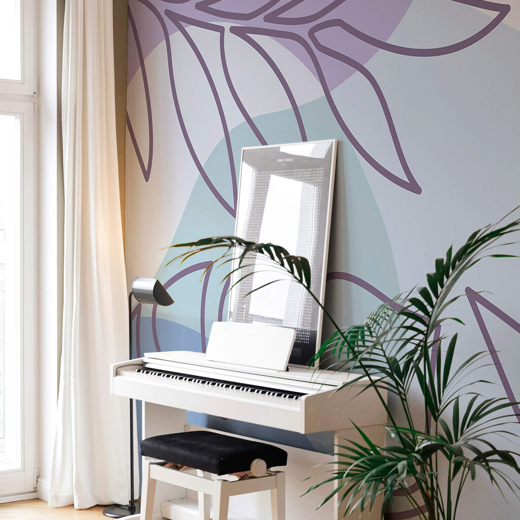 Paars en wit patroon met bladeren — interieur 1