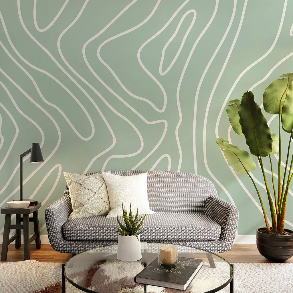 Witte lijnen op een lichtgroene achtergrond in een interieur