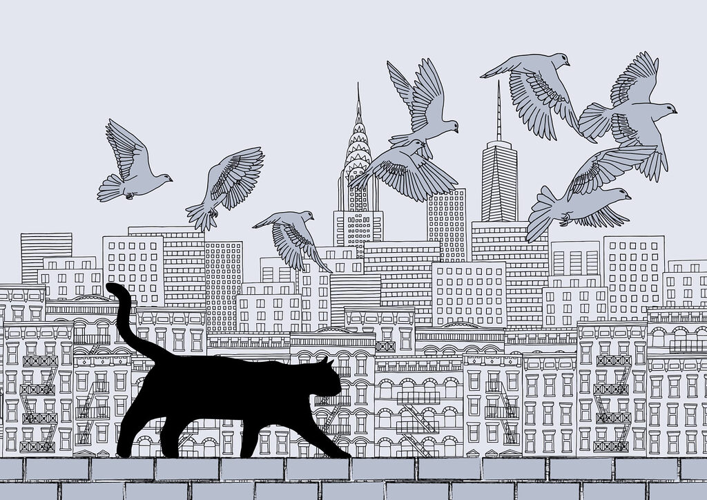 Kat loopt boven stadsdaken — volledig ontwerp