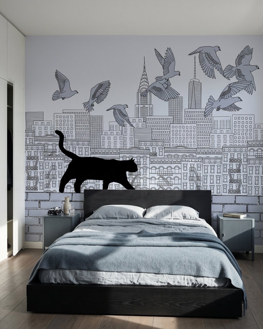 Kat loopt boven stadsdaken — interieur 2