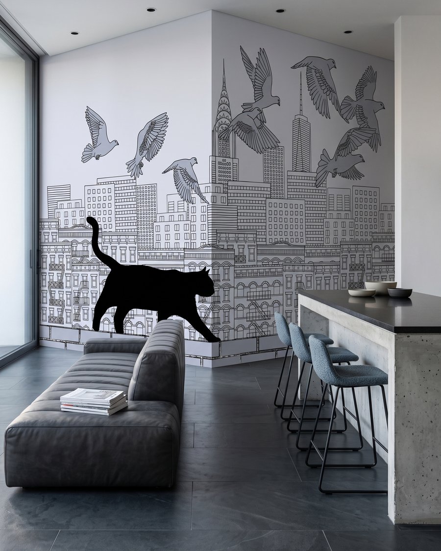 Kat loopt boven stadsdaken — interieur 3