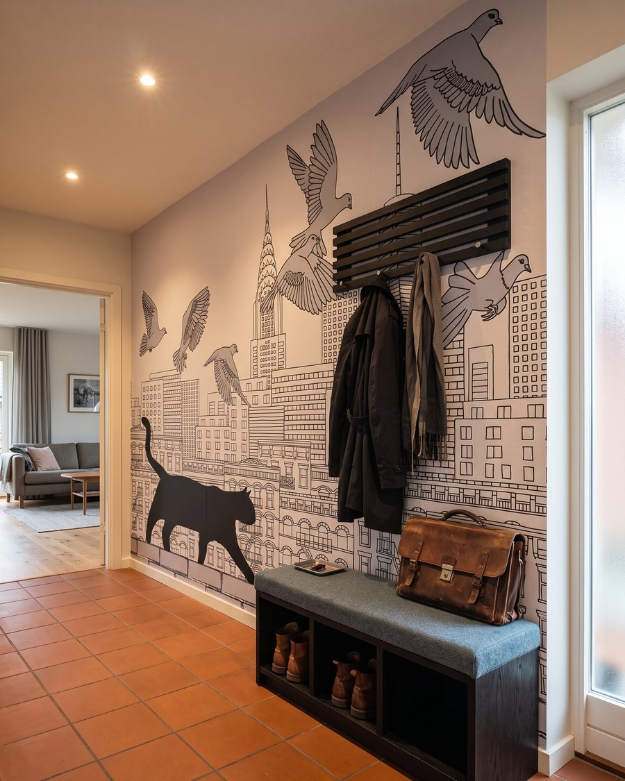 Kat loopt boven stadsdaken — interieur 4