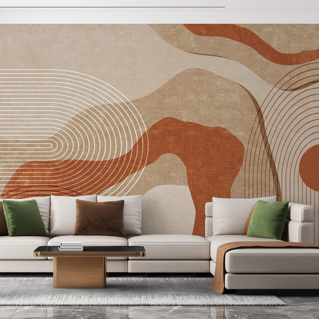 Abstracte bruin-witte kunst in een interieur