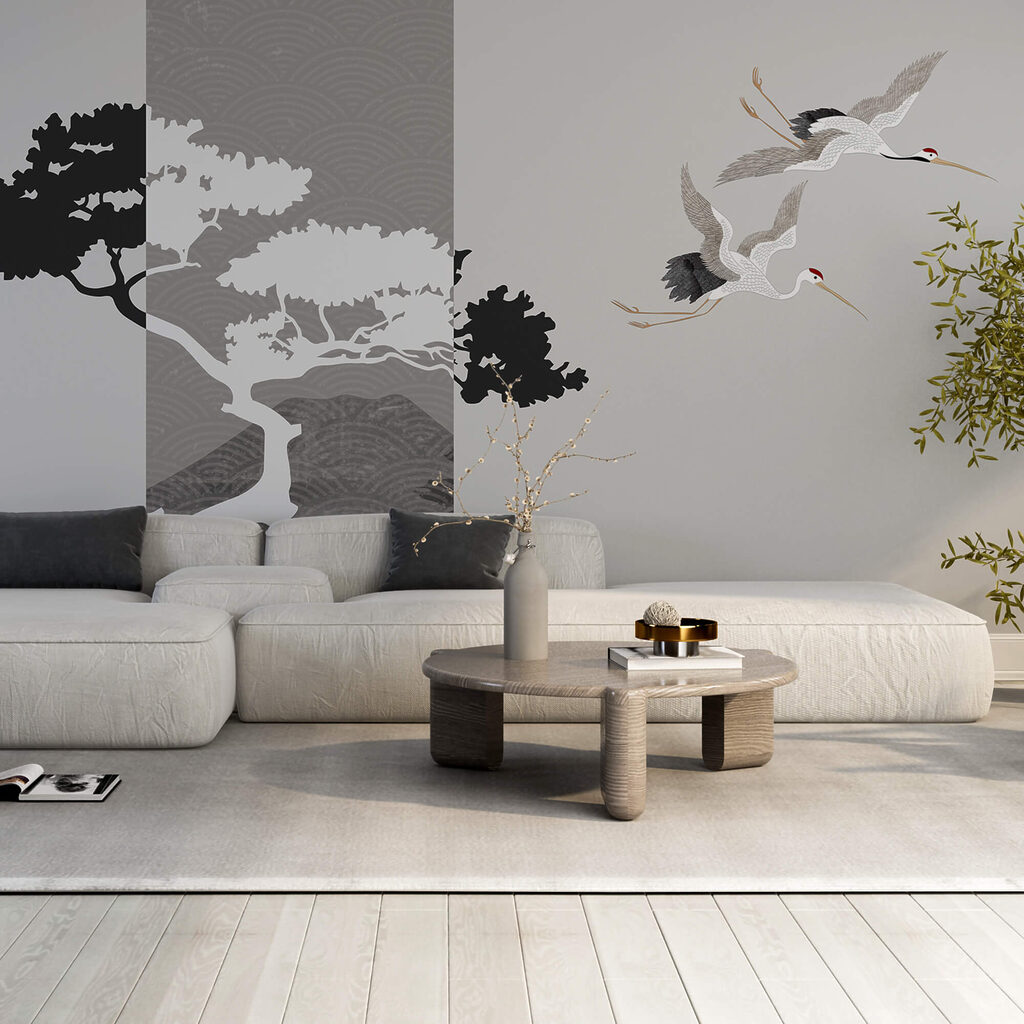 Kraanvogels langs een boom — interieur 2