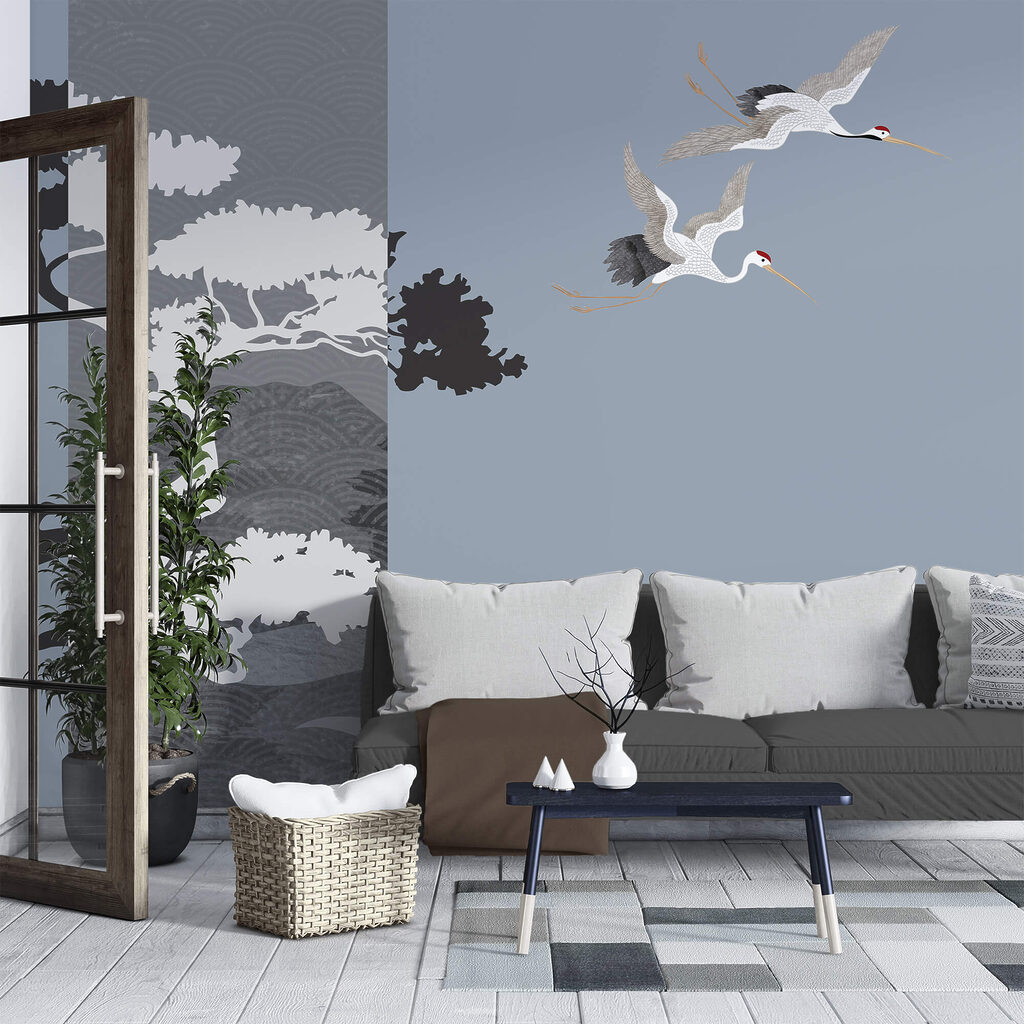 Kraanvogels langs een boom — interieur 2