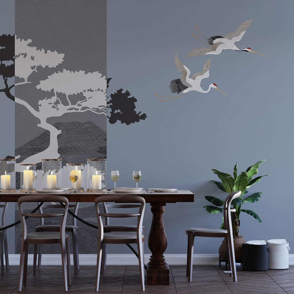 Kraanvogels langs een boom — interieur 1