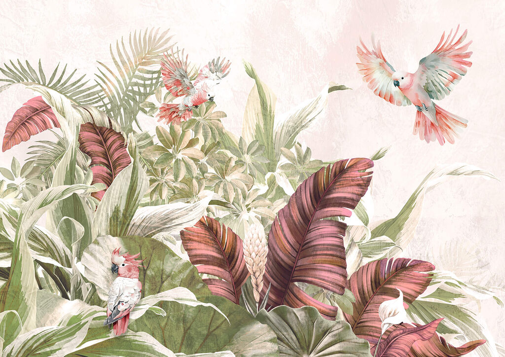 Papegaaien tussen grote bloemen — volledig ontwerp