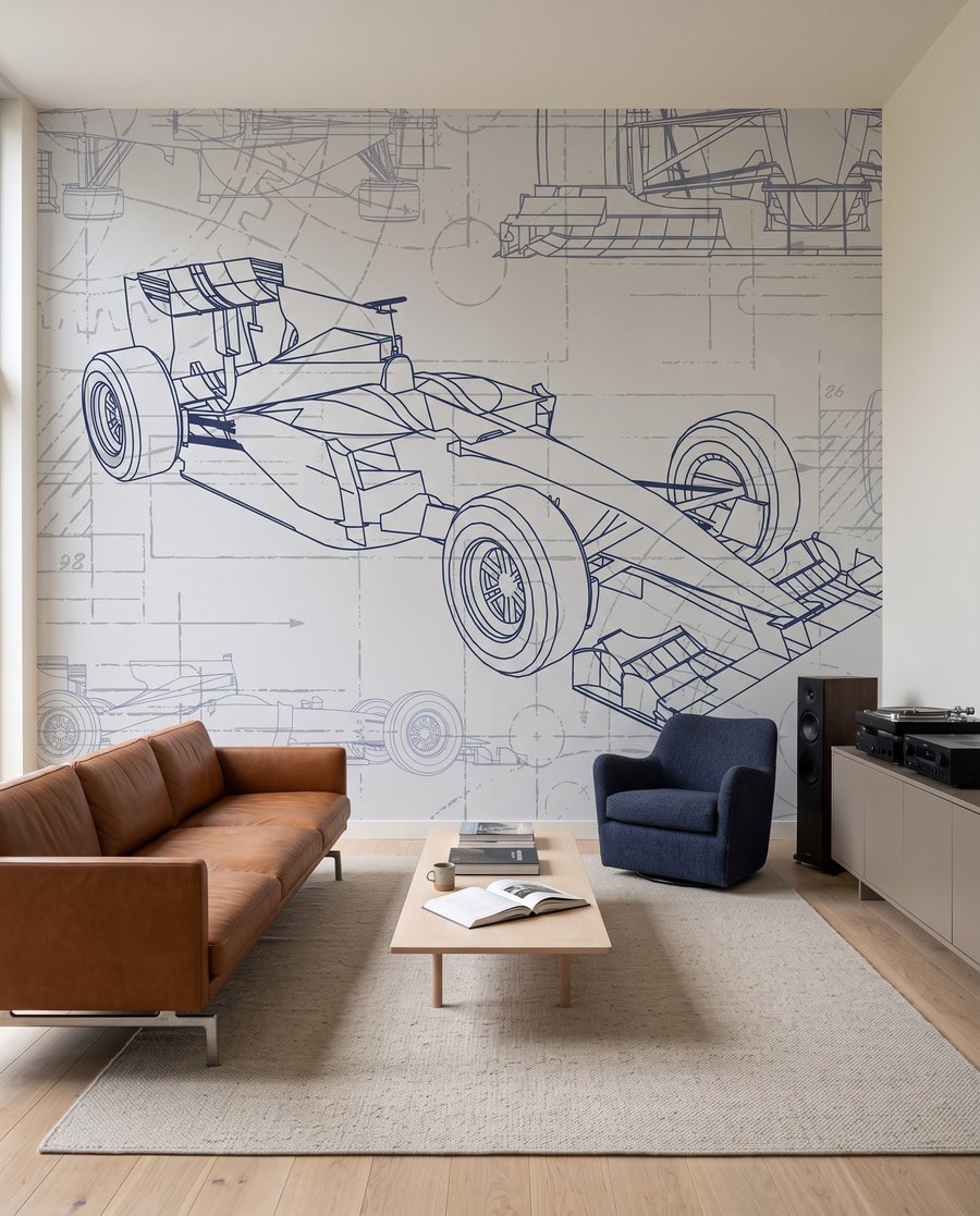 Blauwdruk van een raceauto in een interieur