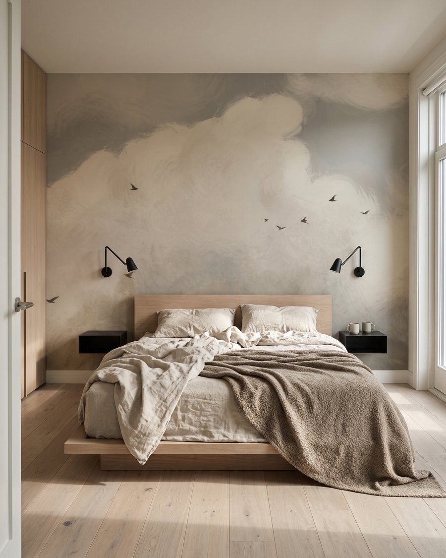 Vogels onder wolken in een interieur