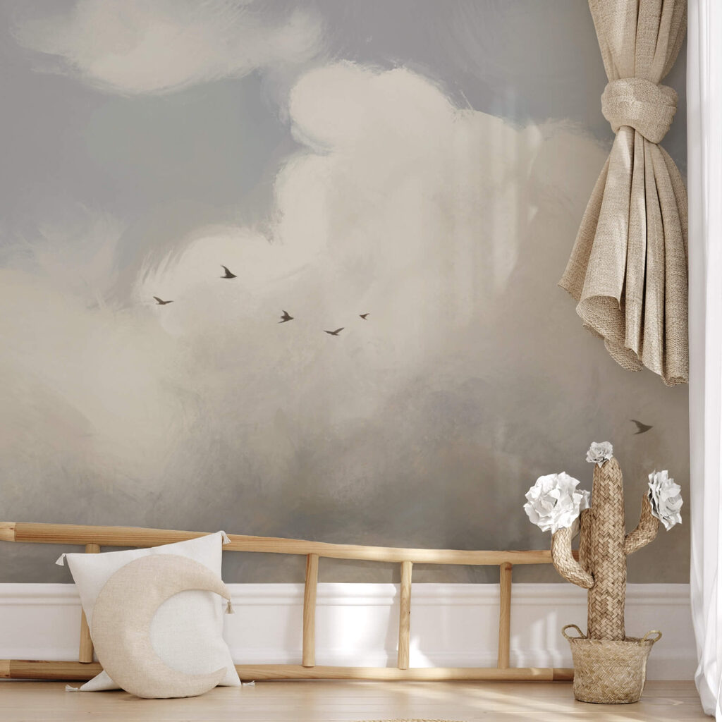 Vliegende vogels in de lucht in een interieur
