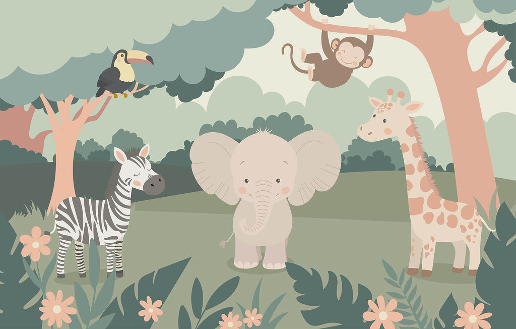 Jungledieren op open gras — volledig ontwerp