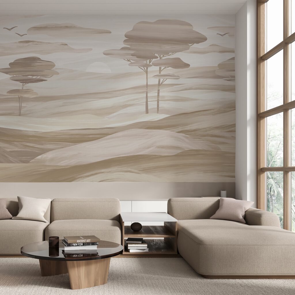 Landschap met bomen en heuvels in een interieur