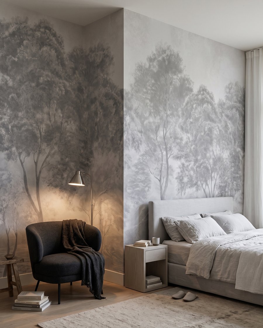 Een bos in grijstinten in een interieur