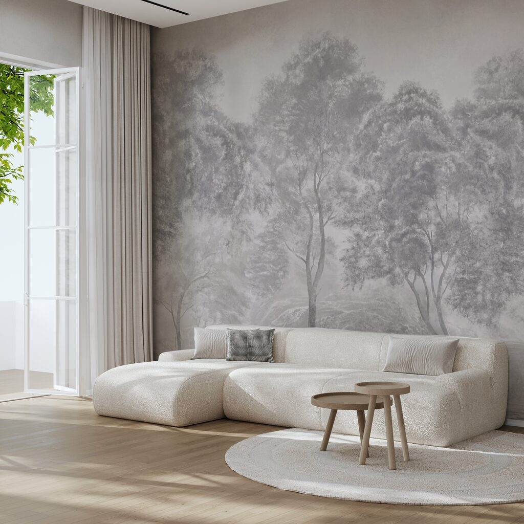 Groep bomen in een mistig landschap in een interieur