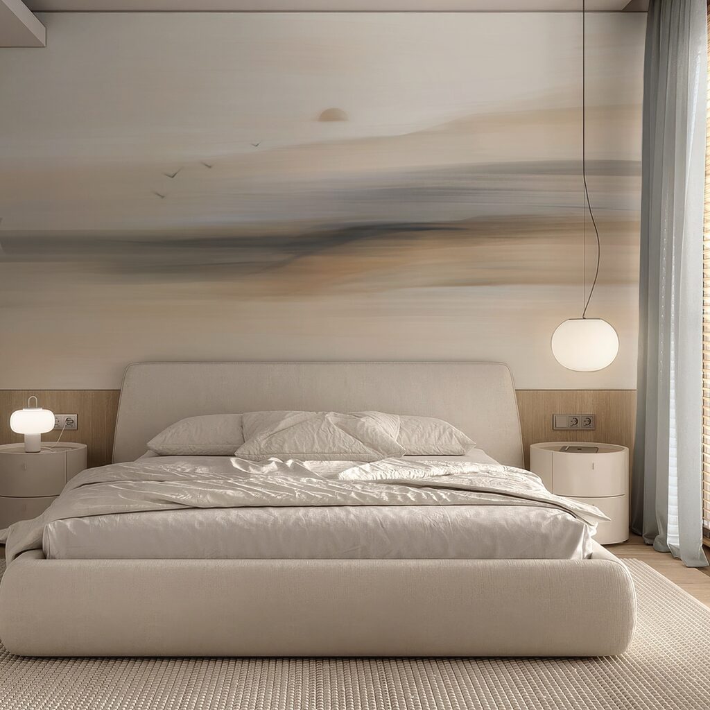 Fotobehang achter het bed in een slaapkamer