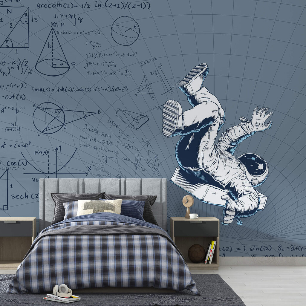 Tekening van een man in ruimtepak in een interieur