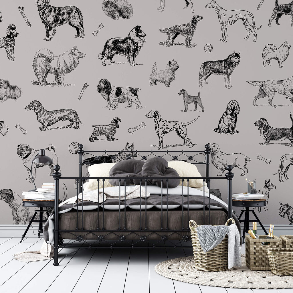 Groep honden in verschillende houdingen in een interieur
