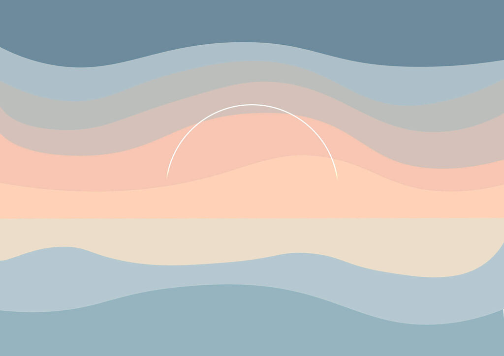 Zon achter golvende pastelbanen — volledig ontwerp