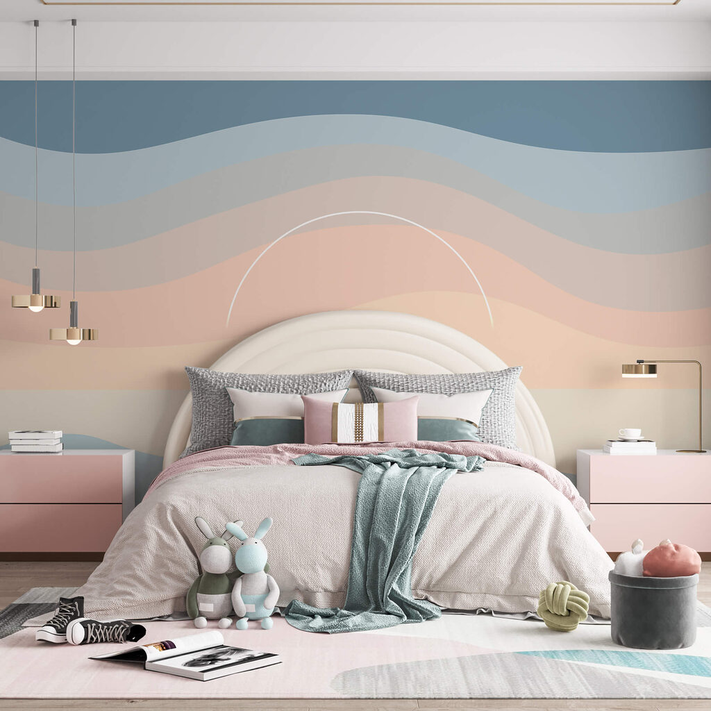 Zon achter golvende pastelbanen — interieur 1