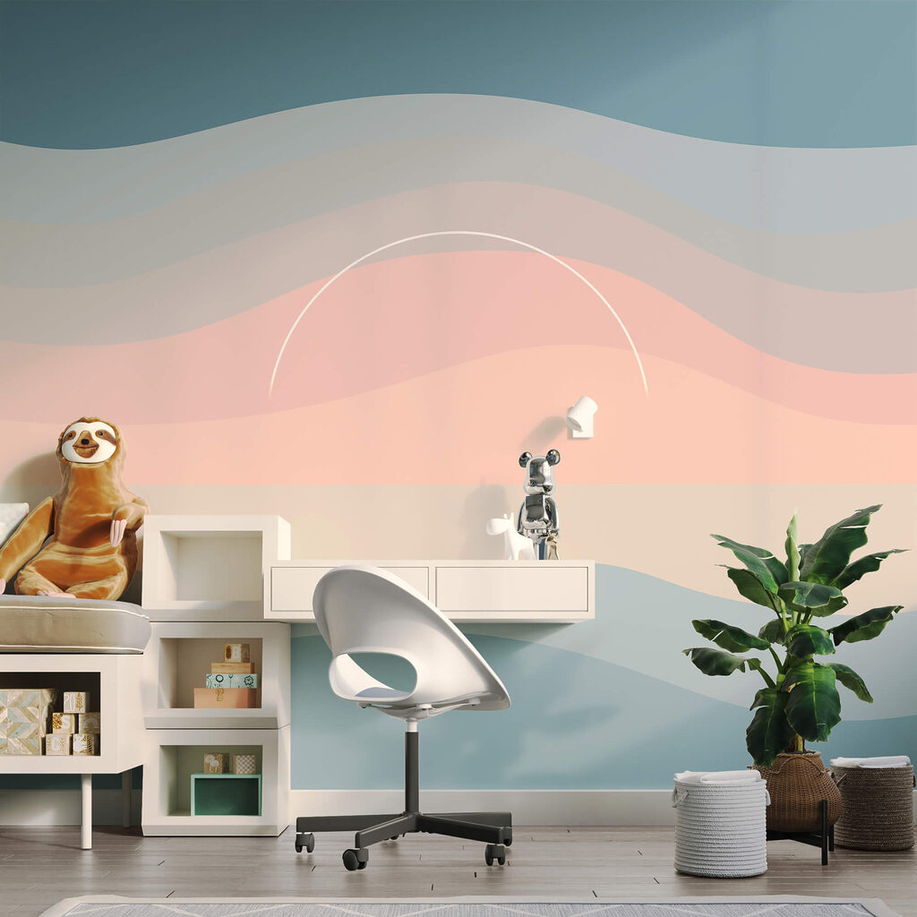 Zon achter golvende pastelbanen — interieur 2