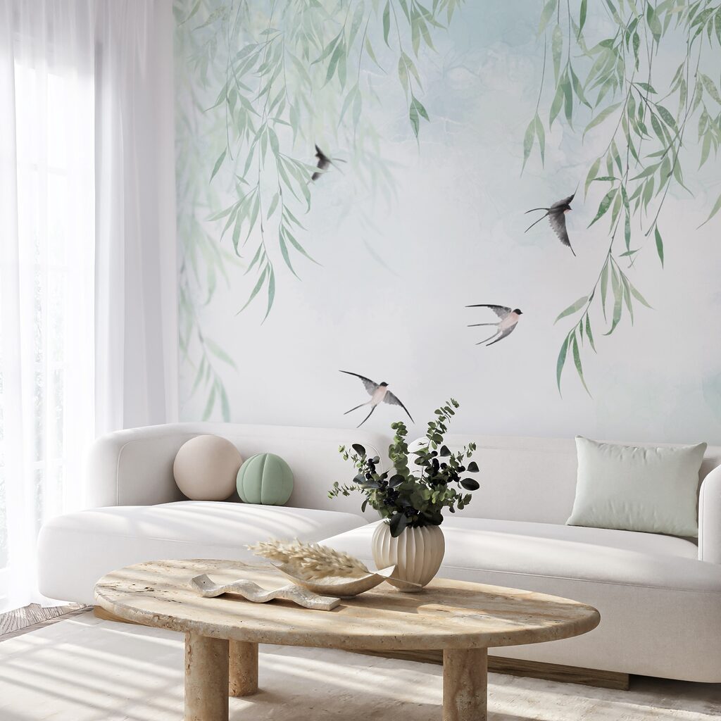 Vogels vliegen in de lucht in een interieur