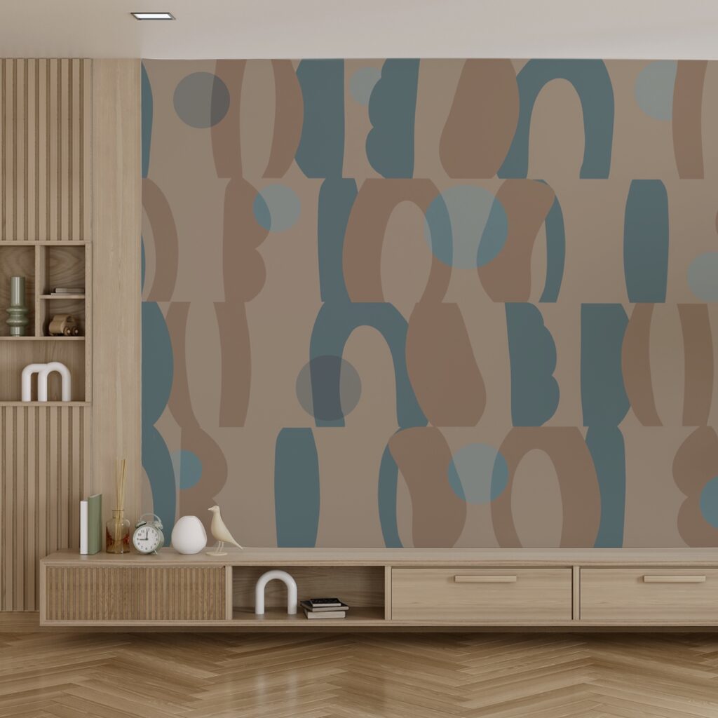 Patroon van blauwe en bruine vormen in een interieur