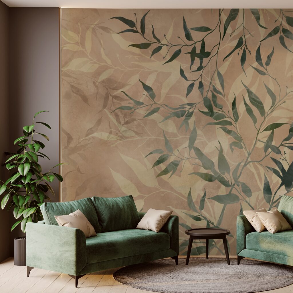 Groene twijgen op aardekleur — interieur 2