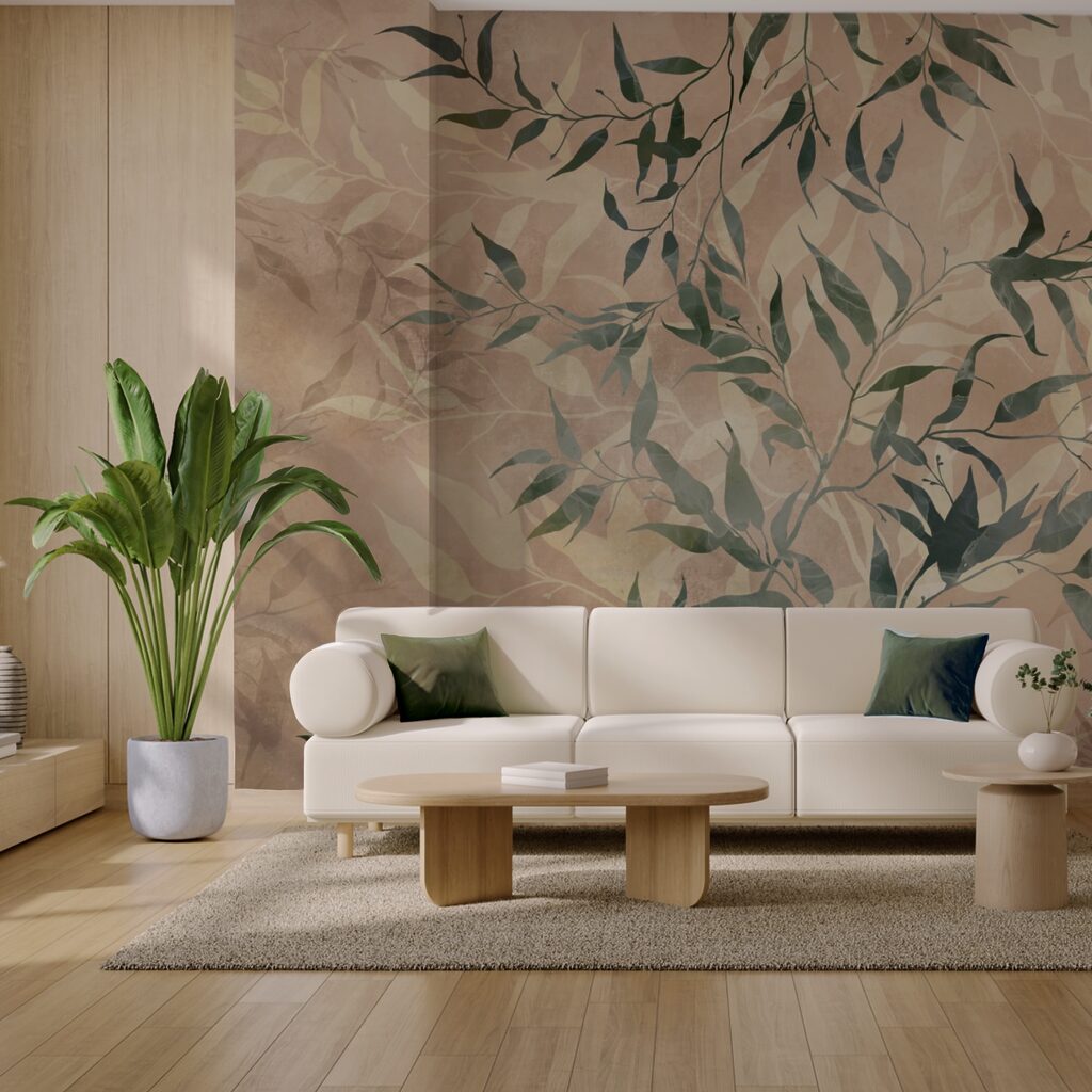 Groene twijgen op aardekleur — interieur 3
