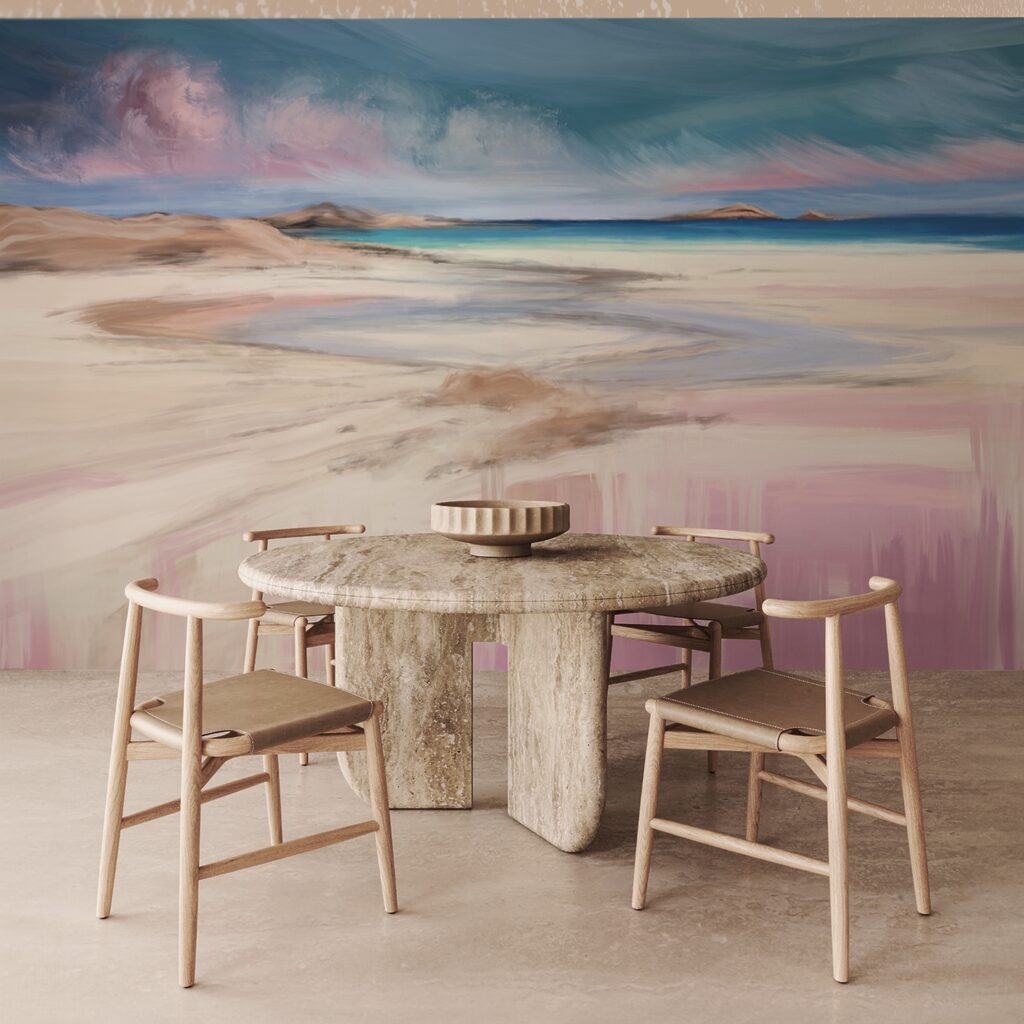 Schilderij van een strand in een interieur
