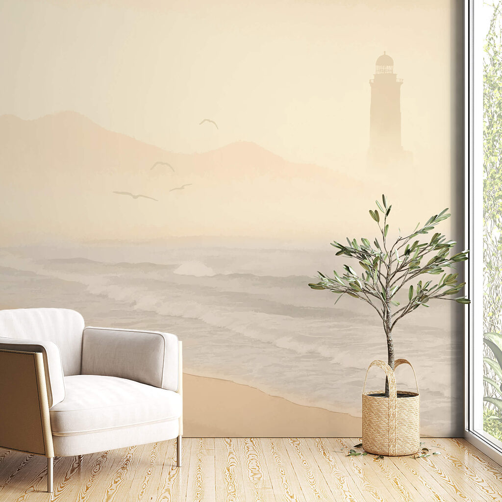 Strand met golven en vogels in een interieur
