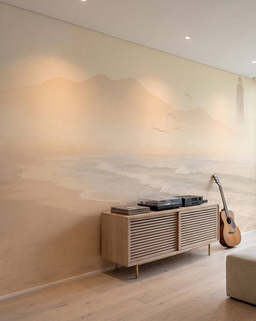 Vuurtoren in gouden nevel in een interieur