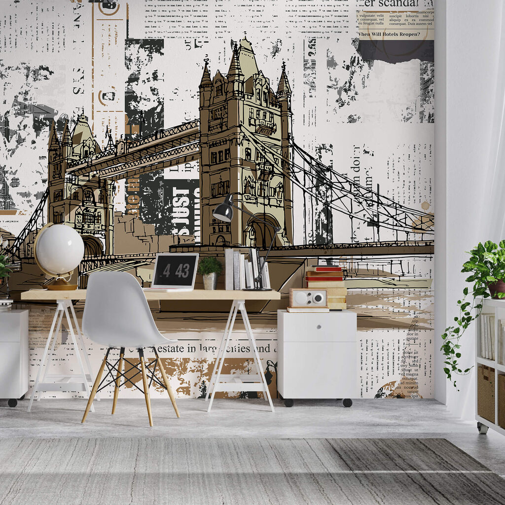 Tekening van een brug over een rivier in een interieur