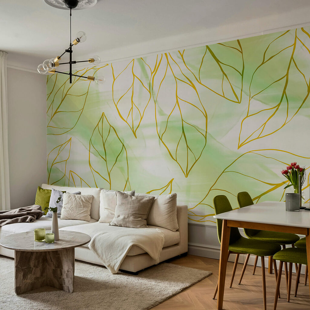 Bladlijnen over lichtgroene verf — interieur 1