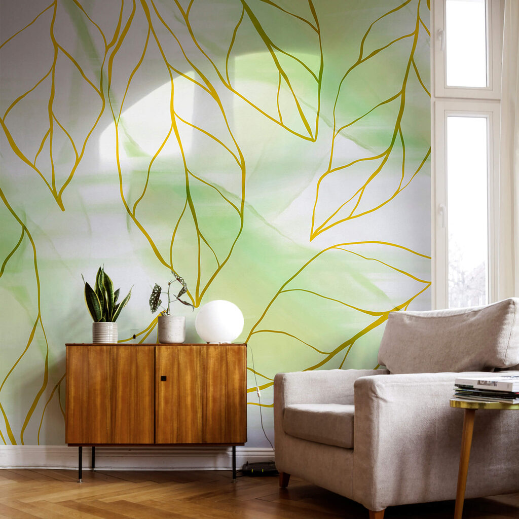 Bladlijnen over lichtgroene verf — interieur 3