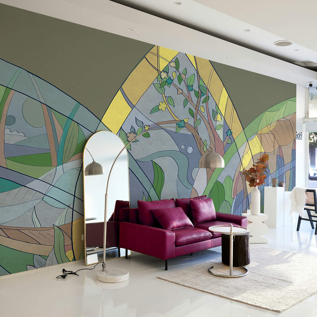 Bomen in glasachtige bladvlakken — interieur 3