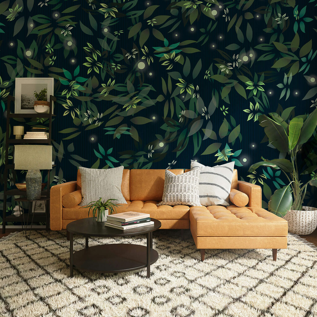 Kleine bladeren op nachtblauw — interieur 1