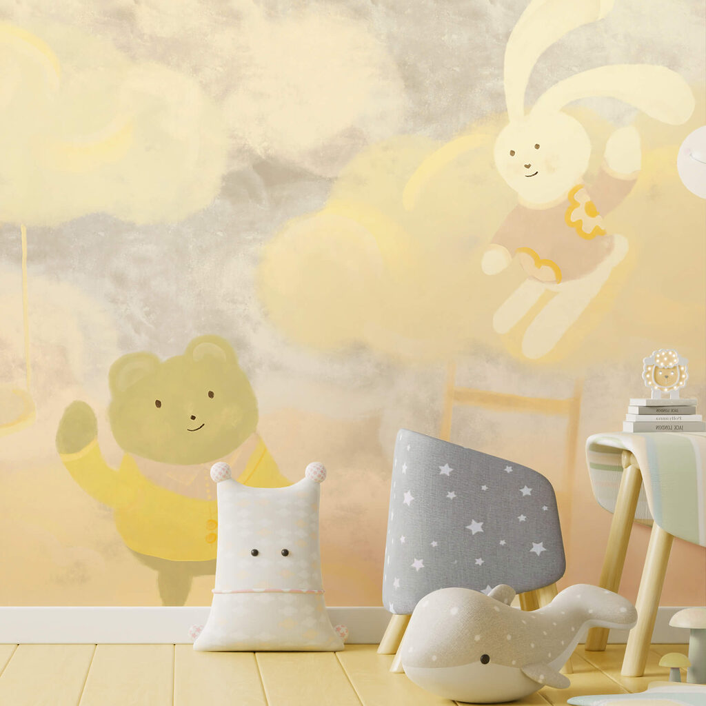 Cartoonbeer en konijn in de wolken in een interieur