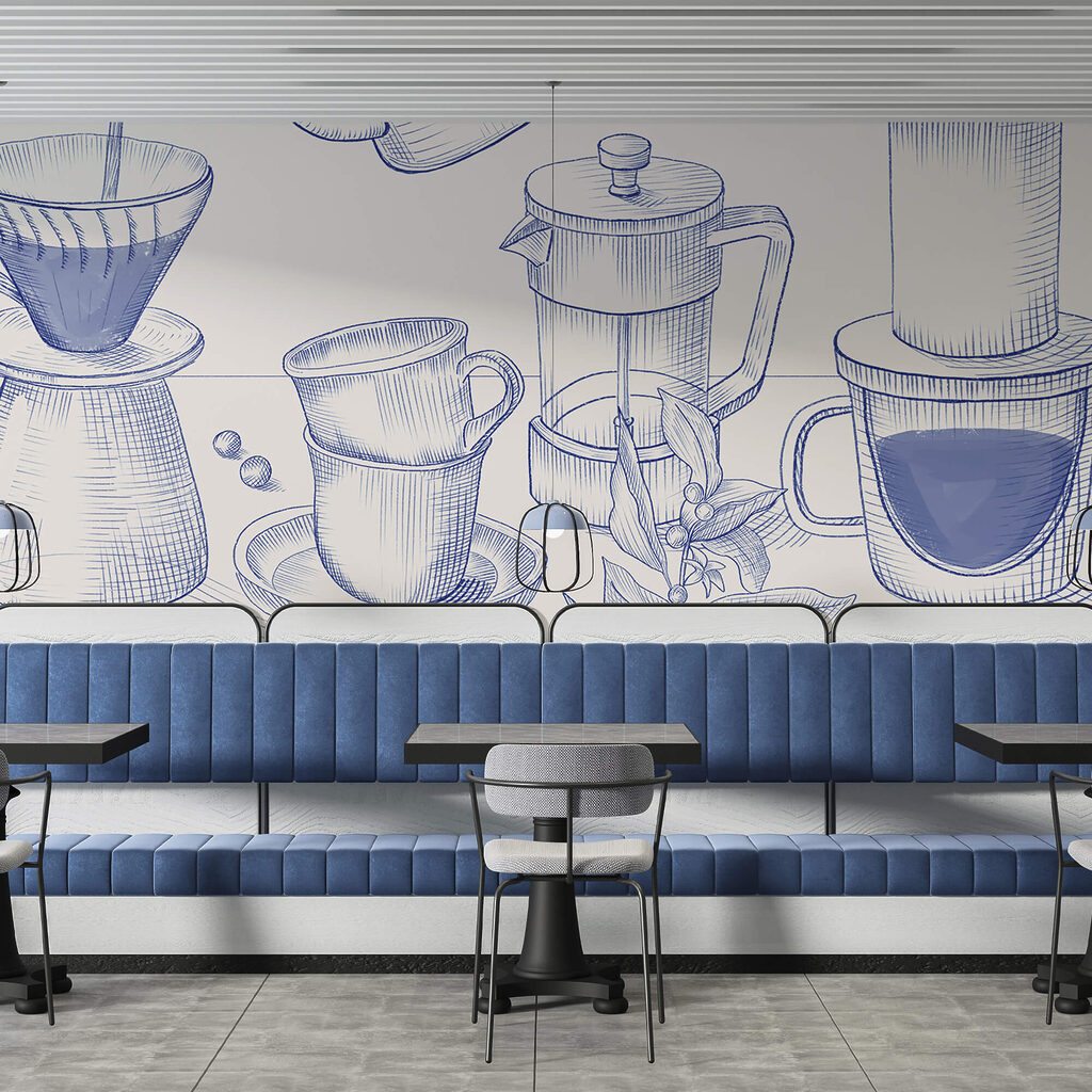 Tekening van koffiezetproces in een interieur
