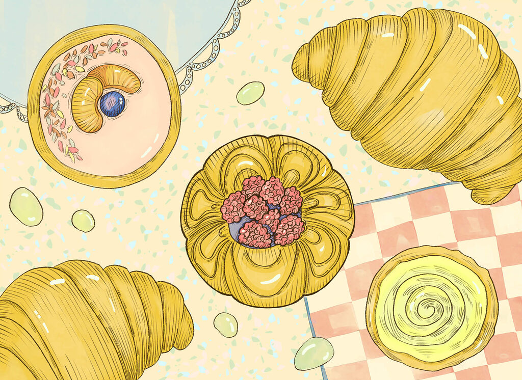 Croissants tussen kleurrijke gebakjes — volledig ontwerp