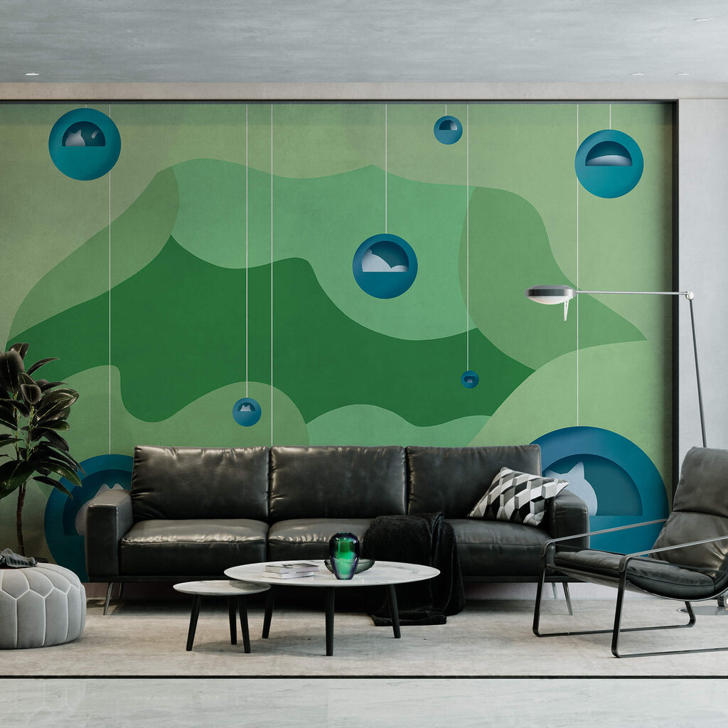 Blauwe bollen boven groentinten — interieur 1