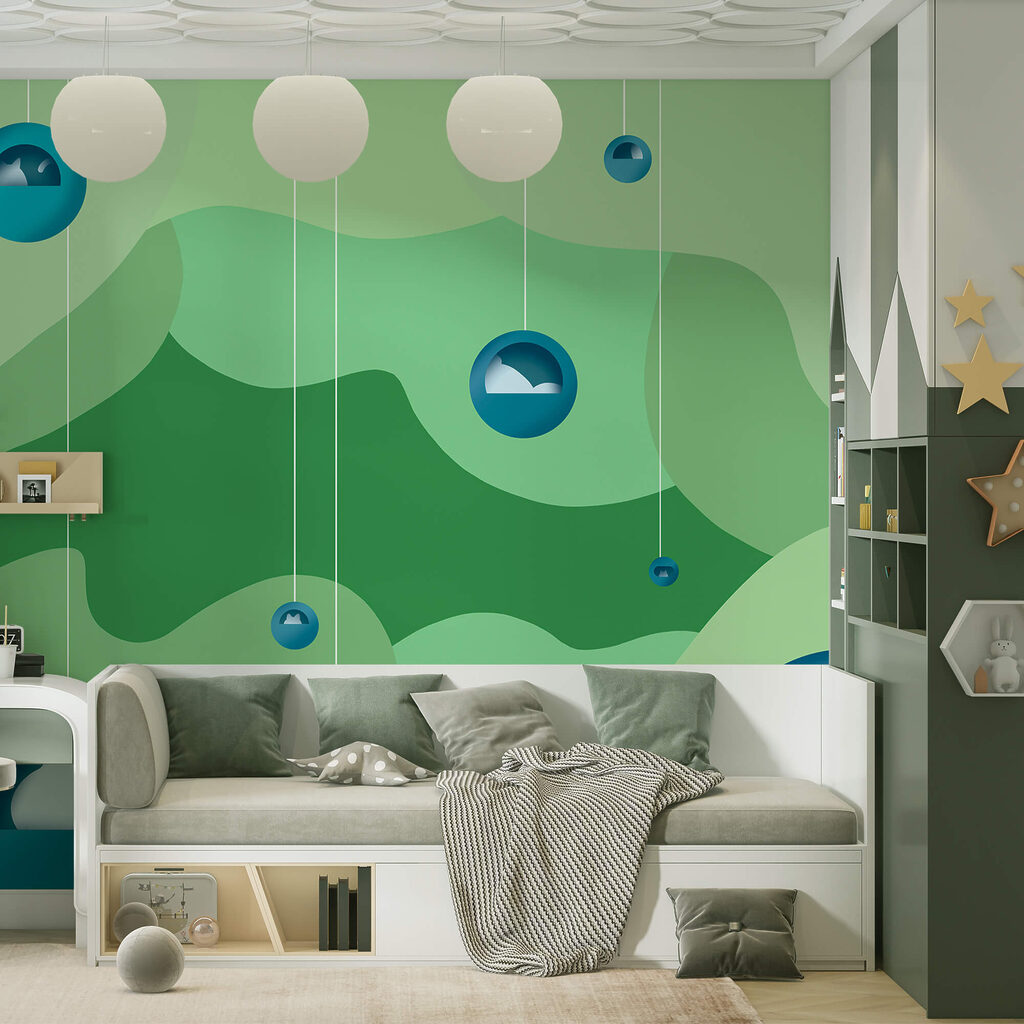 Blauwe bollen boven groentinten — interieur 2