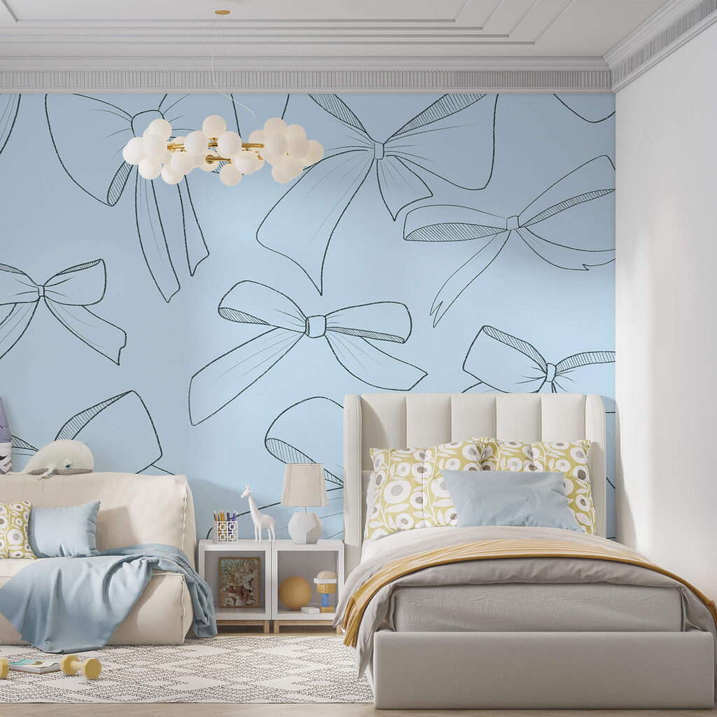 Patroon van strikken op een blauwe achtergrond in een interieur