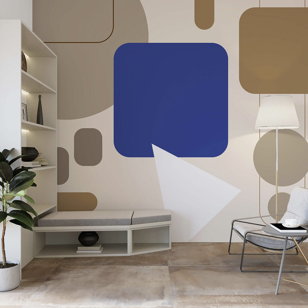 Blauwe en bruine vierkanten en een witte pijl — interieur 1