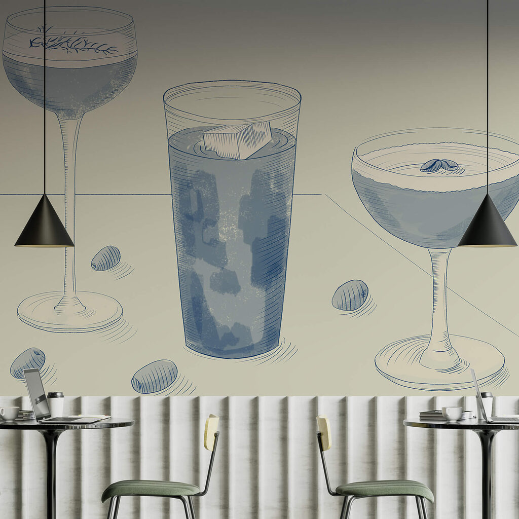 Glazen vol getekende drankjes — interieur 1
