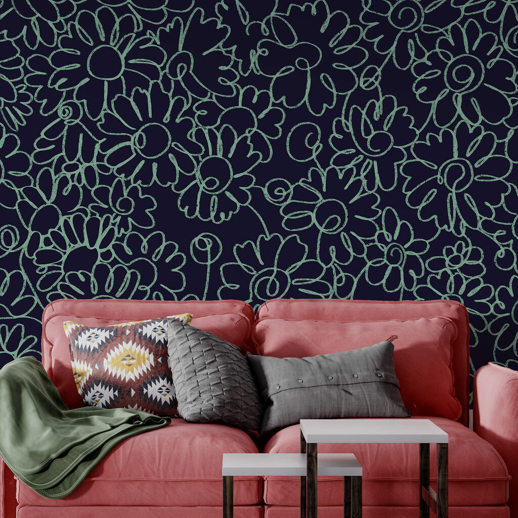 Bloemlijnen op diep donkerblauw — interieur 2