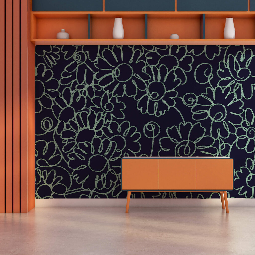 Bloemlijnen op diep donkerblauw — interieur 1