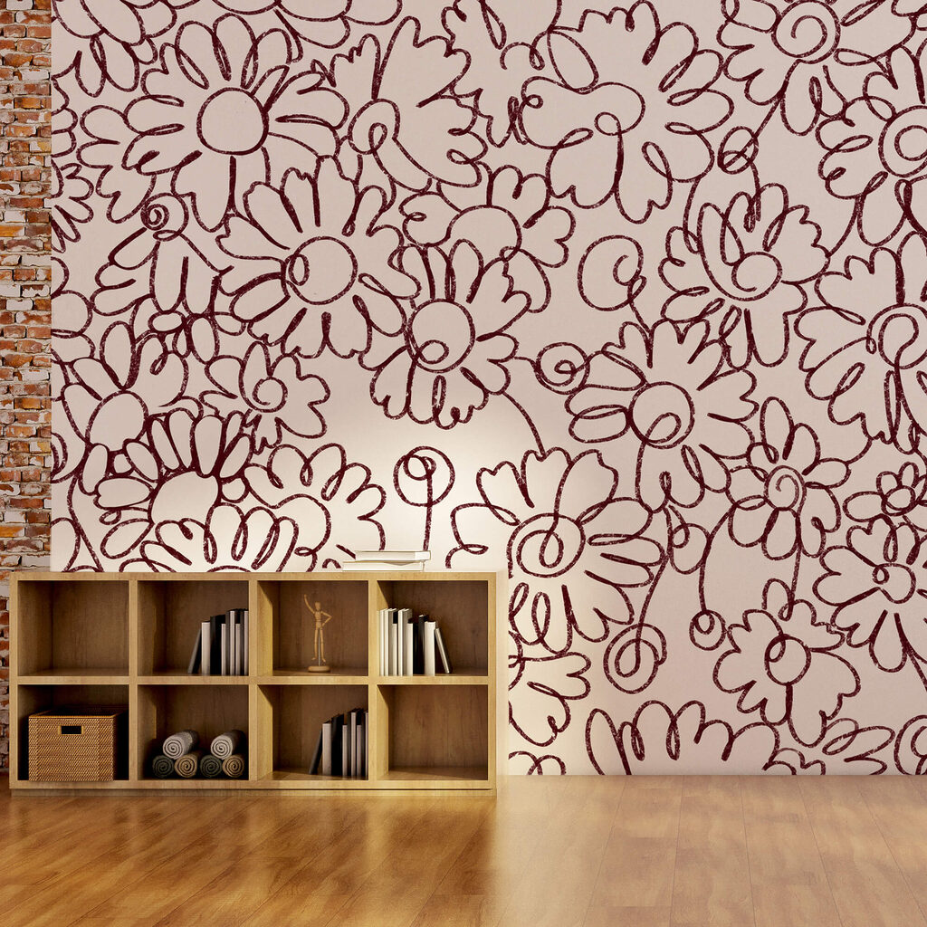 Bloemenpatroon getekend met rode lijnen in een interieur