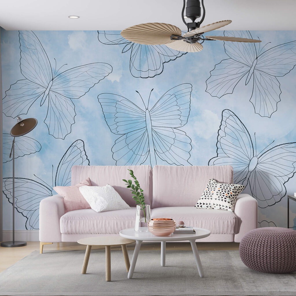 Patroon van vlinders op een blauwe achtergrond in een interieur
