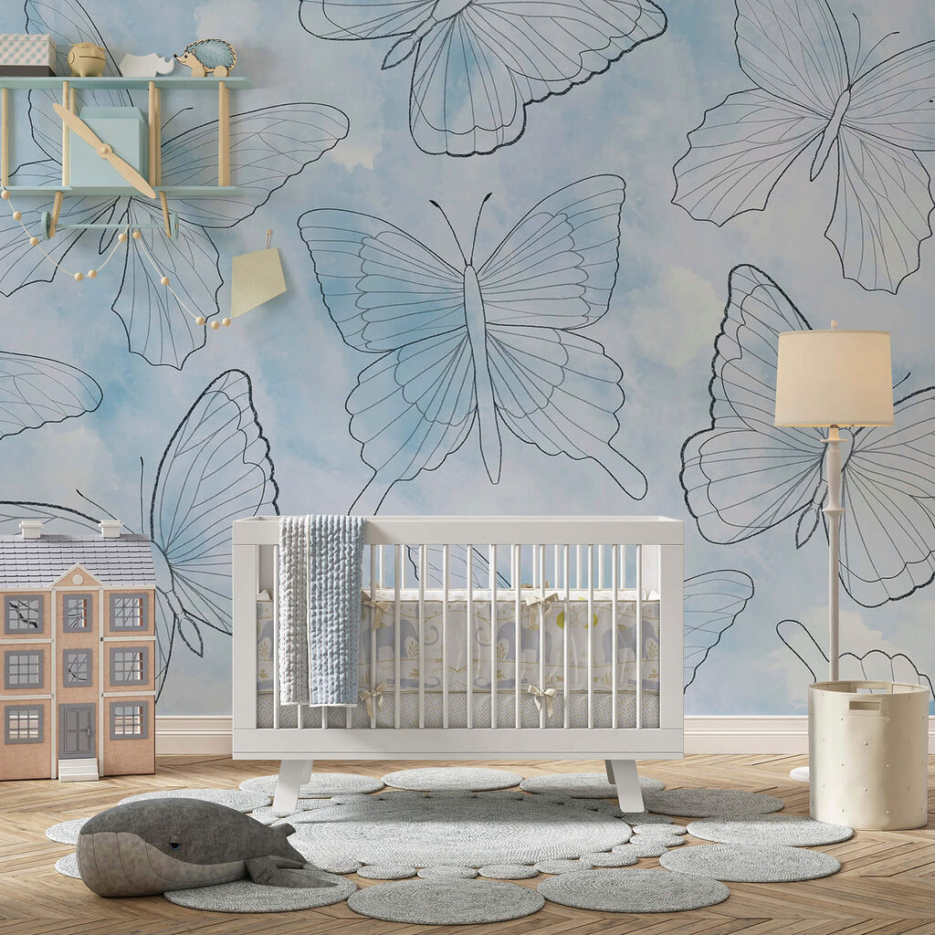 Patroon van vlinders op een blauwe achtergrond — interieur 3